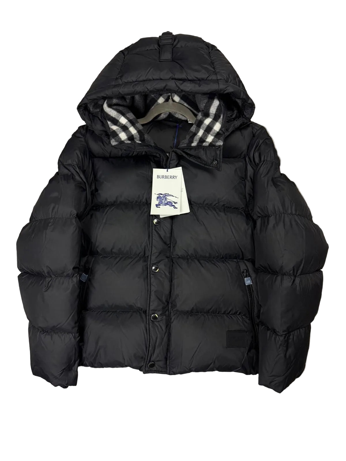 BURBERRY HALSBY HOODED CHECK DOWN JACKET - BLACK